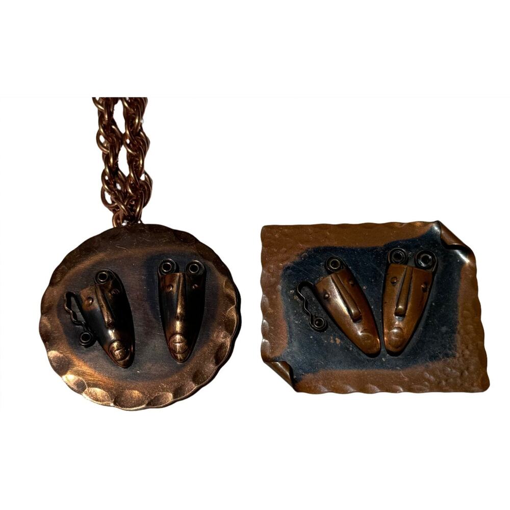 Vintage REBAJES Necklace Brooch Copper Brazilian Mask - set of 2